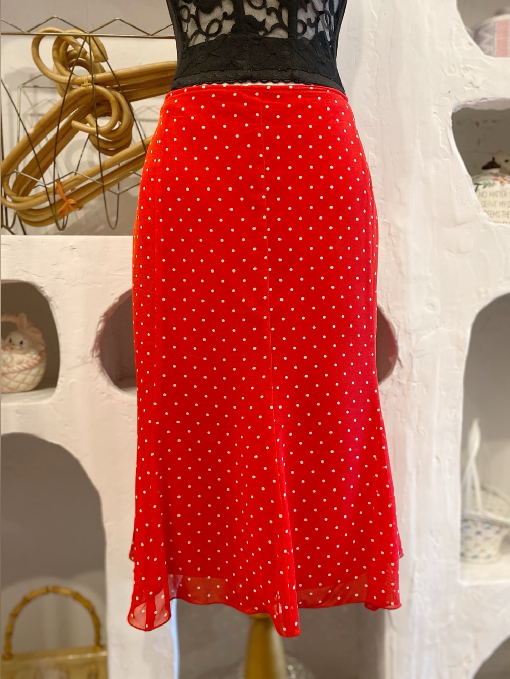 Size 16 Vintage Red Polka Dot Mesh Retro Flared Lined Midi Skirt